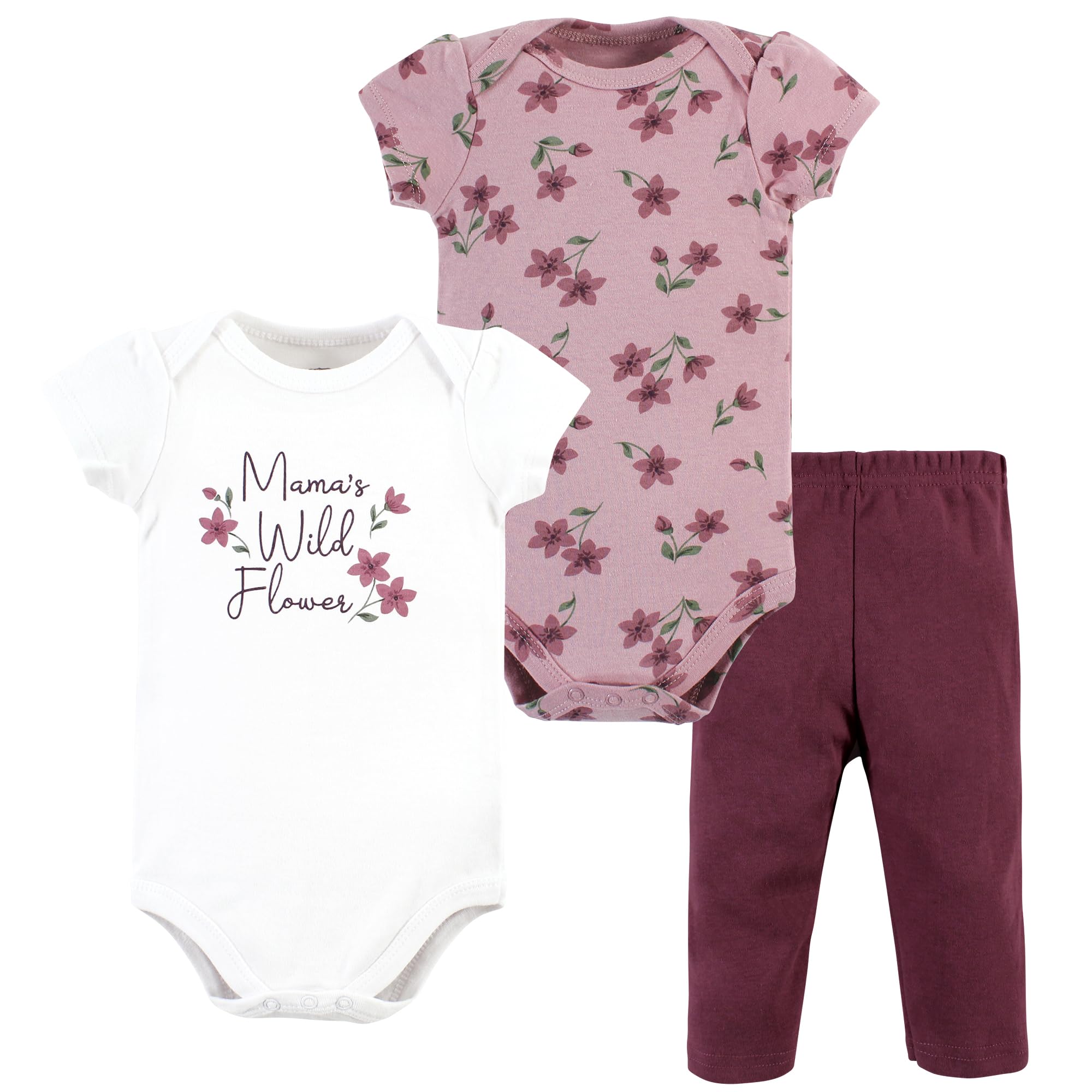 Hudson Baby baby-girls Unisex Baby Cotton Bodysuit and Pant Set, Plum Wildflower, 0-3 Months