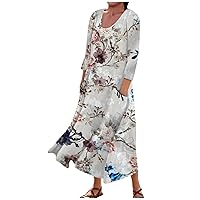 Womens Summer Dresses Floral Cotton Linen 3/4 Sleeve Round Neck Beach Cover Ups Sundress with Pockets