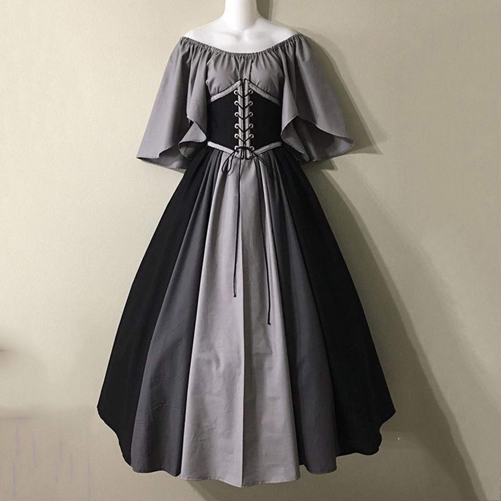 Forthery Women Vintage Dresses Celtic Long Sleeve Medieval Maxi Dresses Renaissance Cosplay Dress(Coffee,XXL) Gray XX-Large