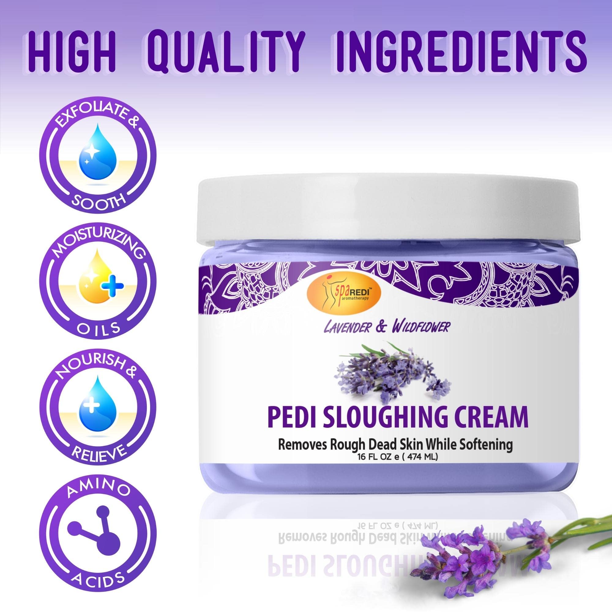 SPA REDI - Foot Cream, Sloughing Lotion, Lavender and Wildflower 16 Oz - Pedicure Massage Foot Care for Dry Cracked Feet, Scrub Gently, Exfoliating, Smooths and Eliminates Buildup of Dead Skin