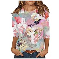 Women's Summer Casual T-Shirt Floral Printed 3/4 Sleeve Tee Shirt Crewneck Loose Fit Going Out Blouse Tunic