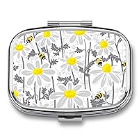Pill Box Bees and Chamomile Square-Shaped Medicine Tablet Case Portable Pillbox Vitamin Container Organizer Pills Holder with 3 Compartments
