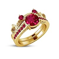 1.5ct CZ Red Ruby 14K Yellow Gold Finish Classic Look Mickey Mouse Engagement Wedding Ring Bridal Set for Jewelry