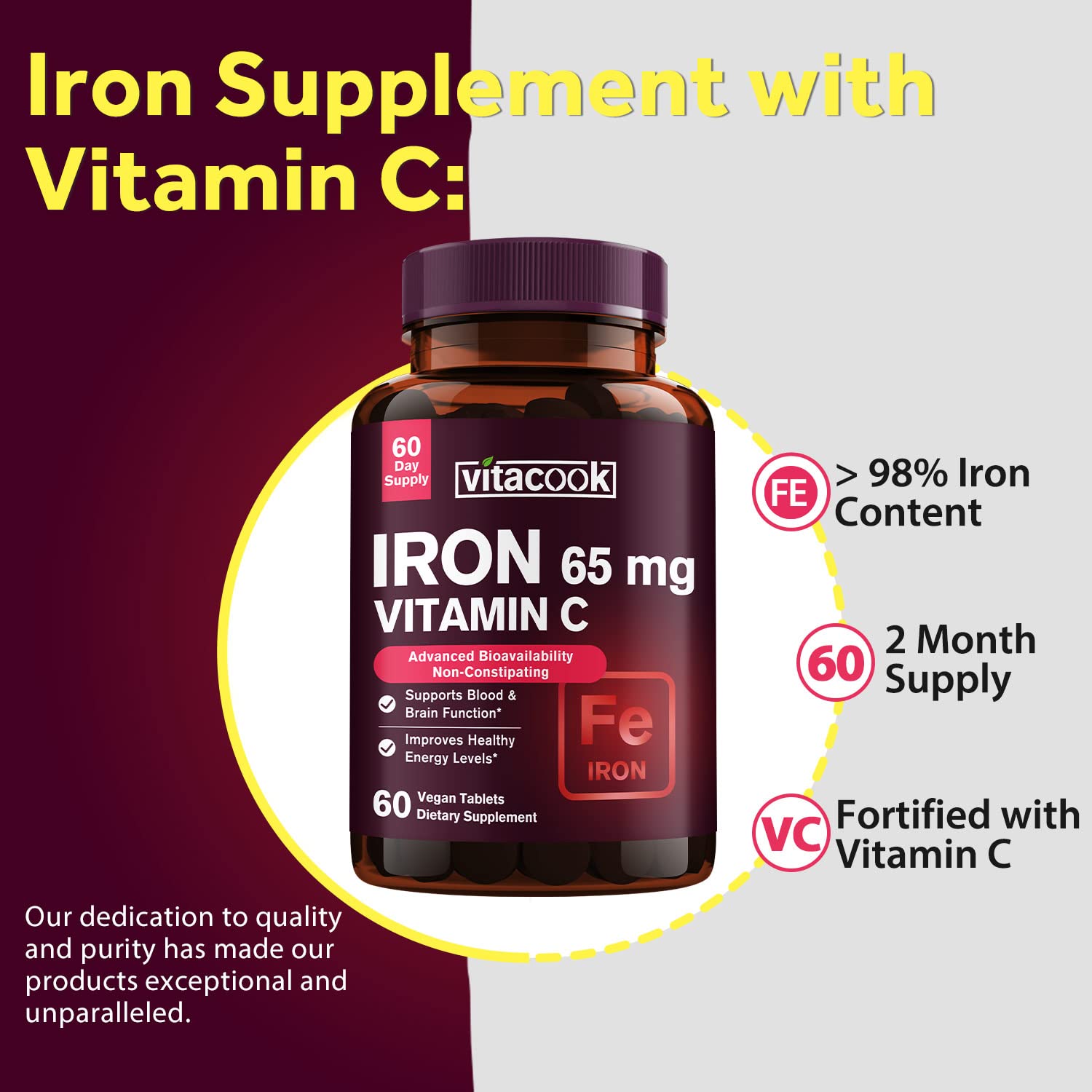 Vitacook Iron Supplement for Women and Men, High Potency Iron with Vitamin C, Blood, Energy, Muscle & Immune System Support, Vegan, 60 Count