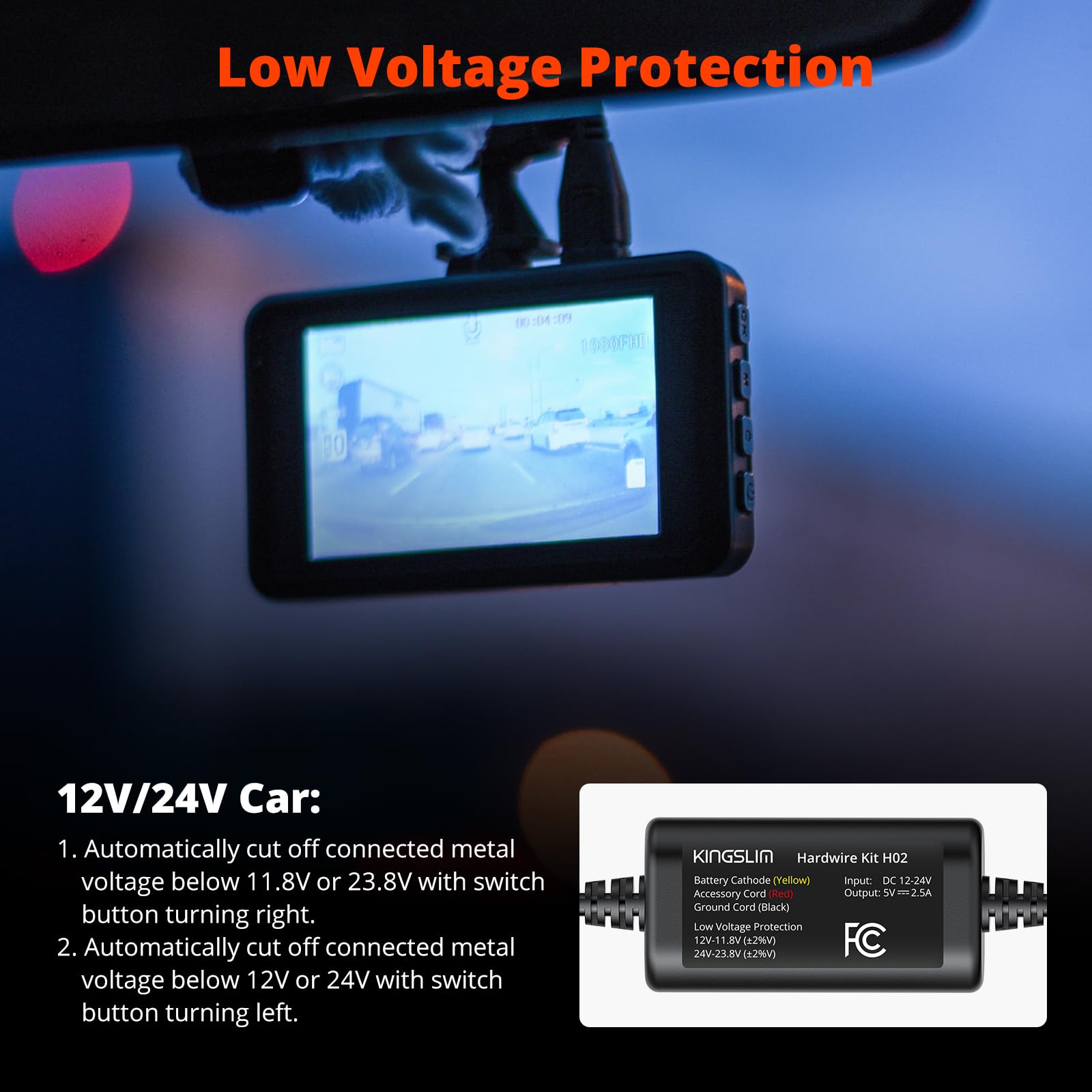 Kingslim H02 Dash Cam Hardwire Kit 11.5ft, Type C/Mini USB 2 in 1 for Dash Camera, Converts 12V-24V to 5V/2.5A Low Voltage Protection Enables Parking Mode for Kingslim Series Dashcams