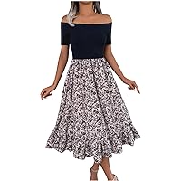 Women's Boho Floral Print Off Shoulder Ruffle Hem Long A Line Dress 2024 Summer Maxi Sundress Evening Party Dresses