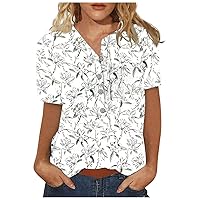 Womens Flower Print Henley Linen Short Sleeve Tops Summer Dressy Button Pullover Casual Loose Fit Tunic T-Shirts