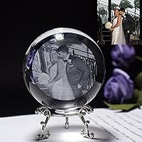 Custom Laser Engraved 2D Photo Crystal,Personalized Crystal Photo Ball Custom Image,Customized Globe Home Decoration Ball (with Silver Base,8 cm)