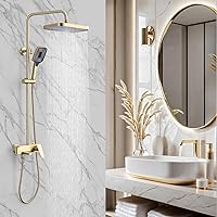 Shower Systems with 12 x8 Inches Rain Shower Head,Brushed Gold Exposed Pipe Shower System,3 Functions Tub Shower Faucet Sets,Overhead Shower System with Handheld