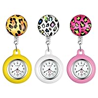 Retractable Nurse Watch Clip On with Secondhand Stethoscope Lapel Fob Doctor Nurse Watch Leopard Pattern Silicone Cover for Women and Men