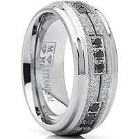 Men's Women's Titanium Black Trinity Cubic Zirconia Ring Wedding Band With Shimmer Finish 8mm Comfort Fit