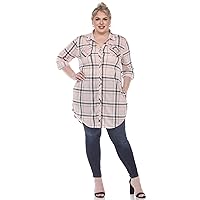 Women's Plus Size Stretchy Windowpane Plaid Tunic Top with Side Pockets and Roll Tab Sleeves