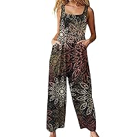 Baggy Overalls for Women Summer Floral Print Overall Jumpsuit Bohemian Sleeveless Harem Long Pants Overalls with Pockets