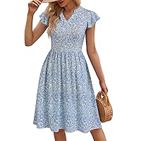 YATHON Casual Dresses for Women 2024 Cute Summer Floral Fit and Flare Cap Sleeve A Line Knee Length Dress with Pocket