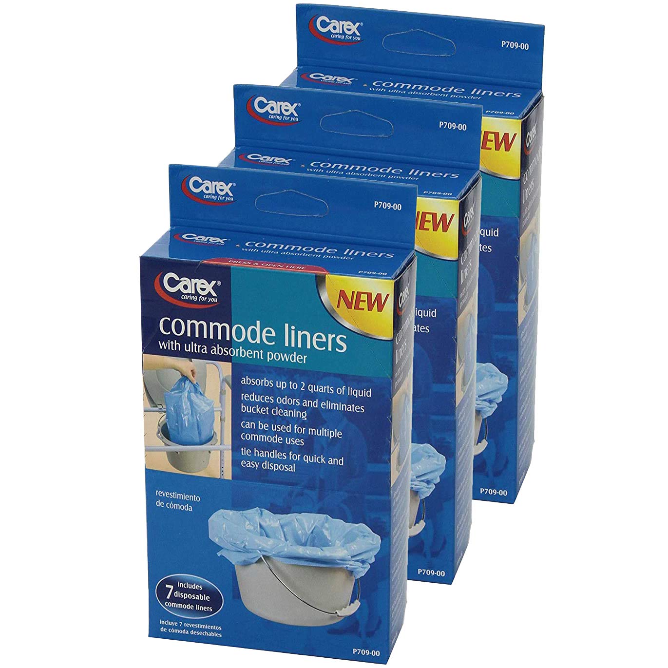 Carex Commode Liners, 21 Liners - Fits Most Commodes, With Absorbent Powder, Holds 2 Quarts Liquid, Disposable - 7 Toilet Liners/box, Pack of 3
