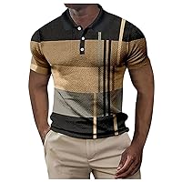 Workout Shirt for Men Stripe Patchwork Button Golf Shirts Muscle Fit Athletic T-Shirt Fashion Short Sleeve Tee Tops