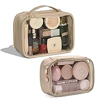 Pocmimut Clear Makeup Bag,Travel Makeup Bag - Leather Double Layer Make Up Bag Clear Cosmetic Bag with Zipper(Apricot)