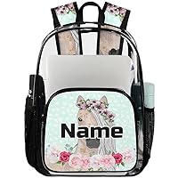 Flower Horse Personalized Clear Backpack Custom Large Clear Backpack Heavy Duty PVC Transparent Backpack with Reinforced Strap for Work Travel, Horse Pattern