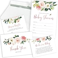 Set of 25 Boho Baby Shower Invitations for Girl - Pink Floral It’s a Girl Baby Shower Invitations with Envelopes, Diaper Raffle Tickets, Book Request Cards, and Baby Shower Thank You Cards
