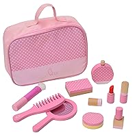 Teamson Kids Chloe 10 Piece Beauty Set with Cosmetic Polka Dot Carrying Bag and Pretend Wooden Makeup, Nail Polish and Accessories, Pink
