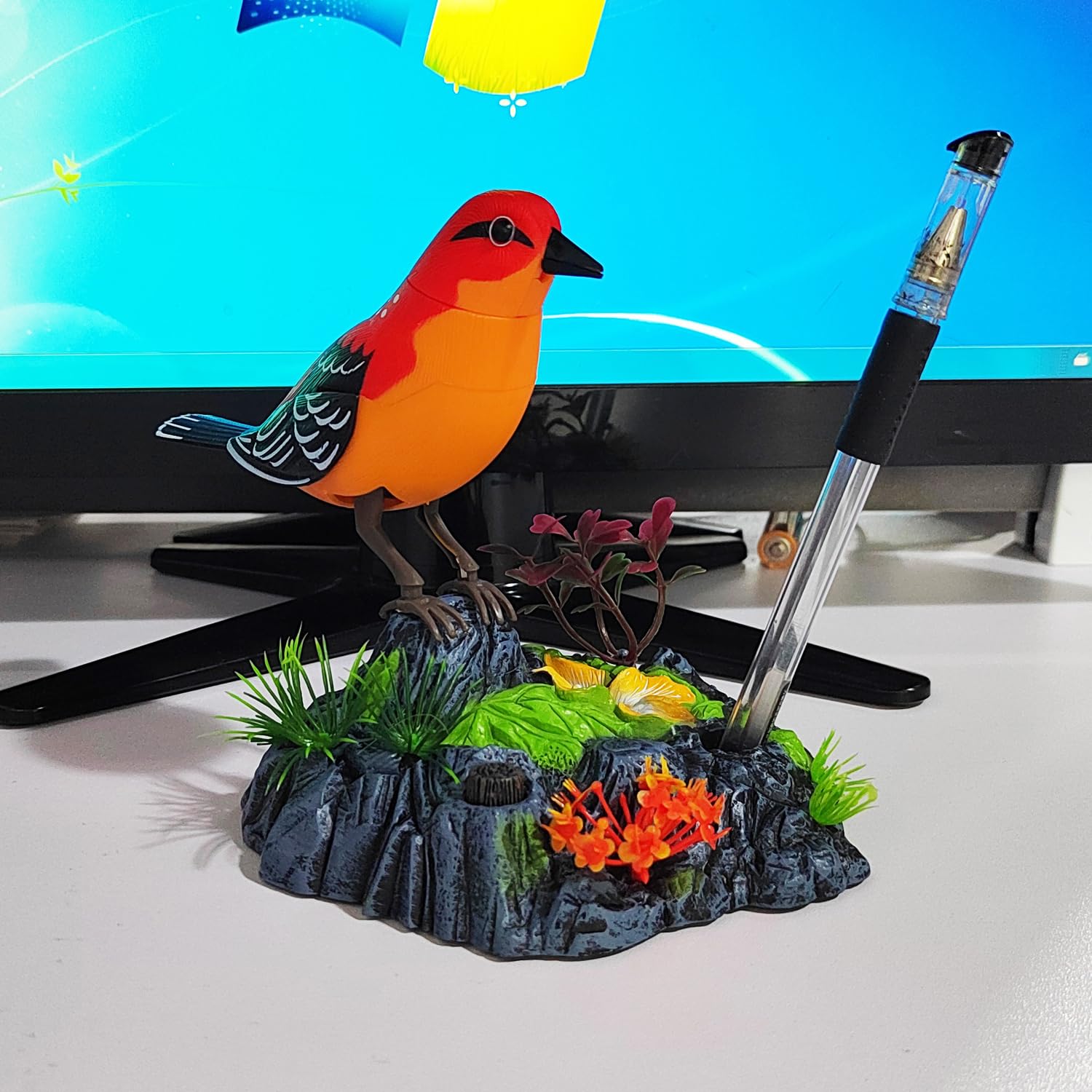 Tipmant Cute Electronic Birds Toys Pets Simulation Realistic Move Chirp Electric Office Home Desk Decor Decoration Kids Birthday Gifts (Red)