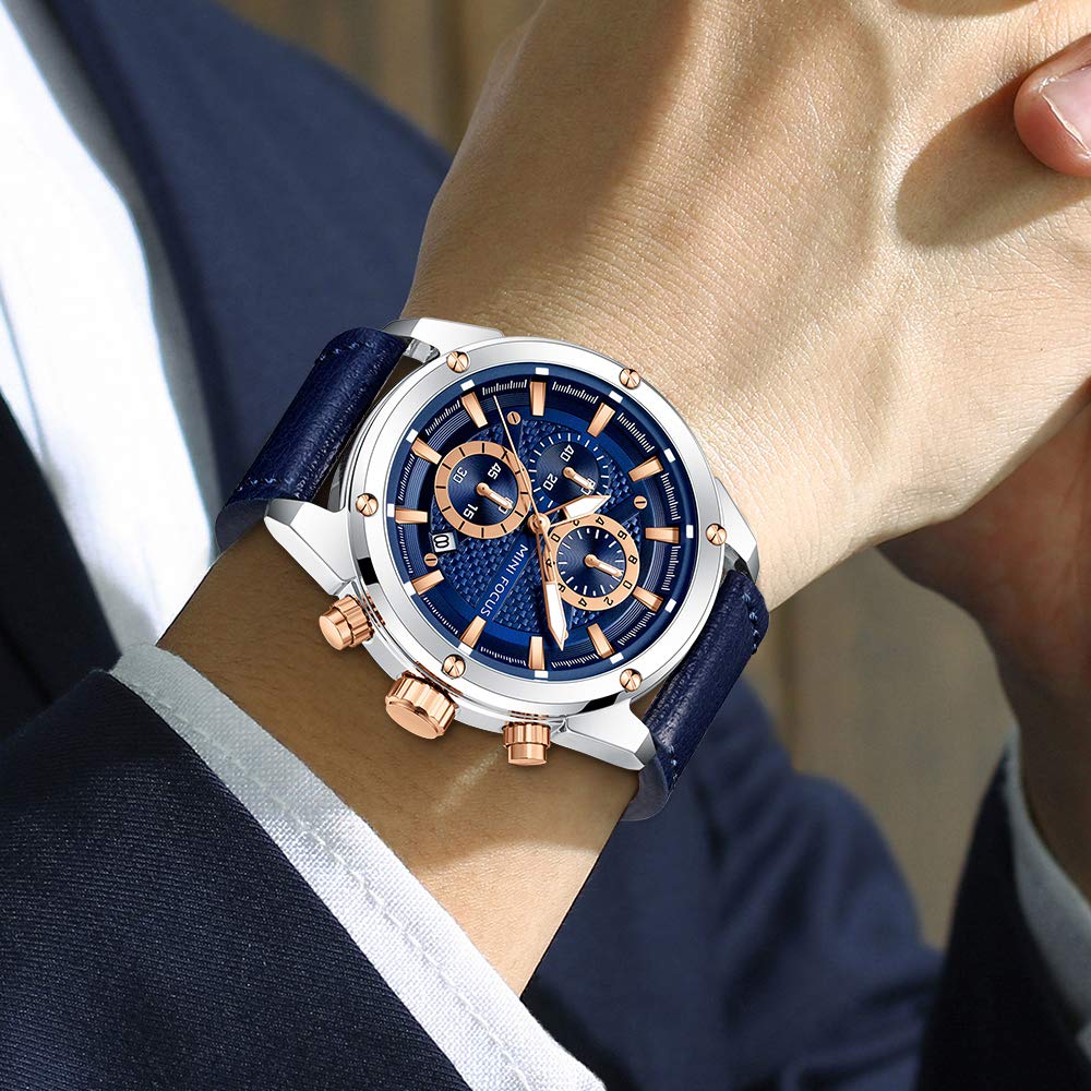MF MINI FOCUS Mens Watch Business Casual Wrist Watches (Multifunction/Waterproof/Luminous/Calendar) Leather Strap Fashion Watch for Men