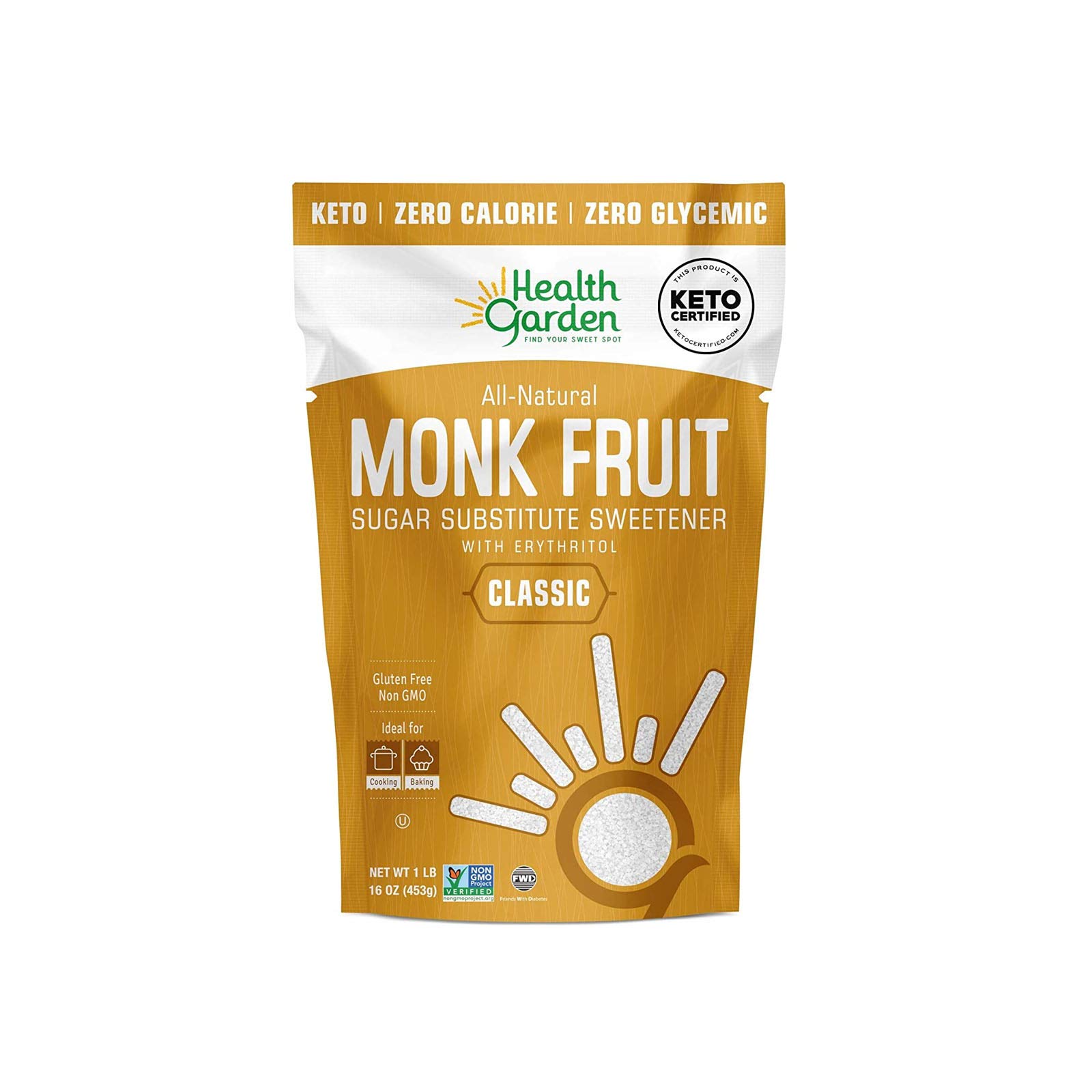 Health Garden Monk Fruit Sweetener, Classic - Non GMO - Gluten Free - Sugar Substitute - Kosher - Keto Friendly (1 lb X 2)