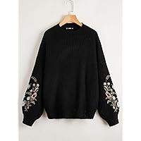 Women's Sweater Drop Shoulder Embroidery Floral Sweater Sweater for Women (Size : Large)