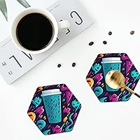 90's Cup Design Print Coasters for Drinks 4 Pack Non-Slip Leather Coasters Round Cup mat for Home Tabletop Decor 4 Inch