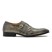 Men’s Grey Double Monk Strap Shoes Genuine Leather Crocodile Print Party Loafers