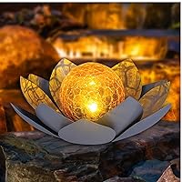 Solar Lights Outdoor Garden Decor , Amber Crackle Globe Glass Lotus Decoration,Waterproof Gray Metal Flower Light for Patio,Lawn,Walkway,Tabletop,Ground