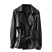 Black Leather Jacket Women Genuine Sheepskin Lapel Collar Fashionable Casual Belted Slim Fit Autumn Spring