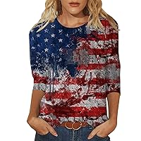 4th of July Shirts for Women Independence Day Crewneck 3/4 Length Sleeve Plus Size Top American Flag Printed Tees