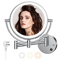 COSMIRROR Upgraded Wall Mounted Makeup Mirror with Lights - 8 Inch Lighted Magnifying Mirror, 10X Magnification, 3 Color Lights & Stepless Dimming, Plug-in AC Cord, 360°Free Rotation