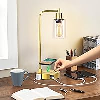 Industrial Table Lamp with USB Ports and Outlets, Fully Stepless Dimmable Lamps Wireless Charing Nightstand Lamps, Small Desk Lamp with Glass Shade Reading Lamp for Office Living Room (Gold)