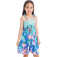 Girls Summer Sleeveless Straps Bohemian Beach Dress Flower Print Rainbow Beach Suspender Sundress with Necklace