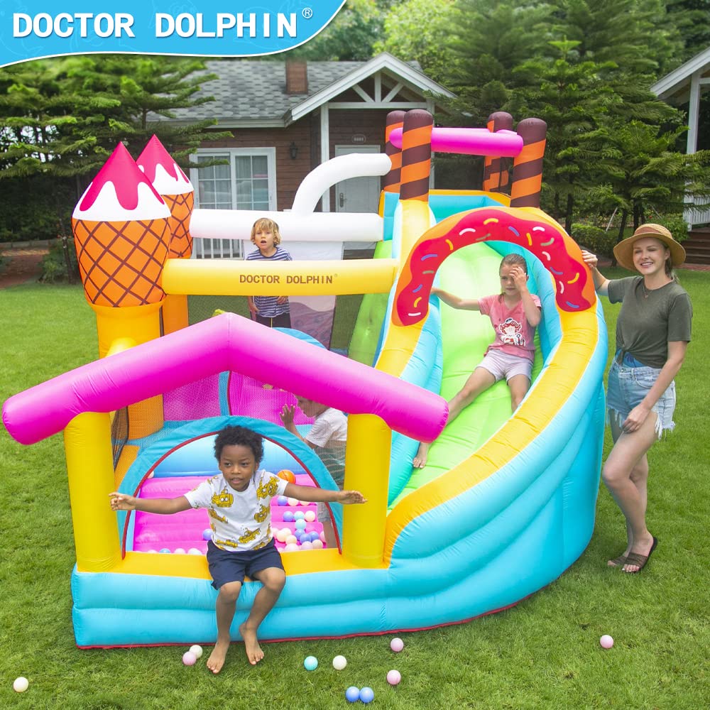 Doctor Dolphin Inflatable Bounce House for Kids Ice Cream Doughnut Dessert Party for Outdoor Play with Blower, Long Slide and Ball Pool