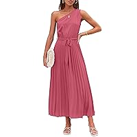 Womens 2024 One Shoulder Sleeveless Pleated Tie Waist A Line Flowy Party Maxi Dress