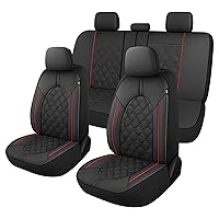 Luxury Leather Car Seat Covers Full Set-Waterproof Seat Protectors with Split Bench Seat Covers for Cars-Universal Cars Interior Covers for Sedans, SUVs, Pick-up Trucks (Black/Red Line)