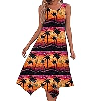 Summer Dresses 2024 Beach Dress for Women 2024 Summer Fashion Flowy Ruched Casual with Sleeveless Round Neck Swing Dresses Vermilion Large
