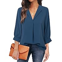Unixseque Women's Casual Chiffon V Neck 3/4 Sleeve Business Tops Loose Work Blouses
