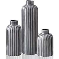 Gray Ceramic Vases - 3 Small Ribbed Vase for Flowers, Modern Minimalist Home Decor, Pottery Bottle Vase for Bookshelf, Fireplaces and Entryway Decor, Centerpieces for Dining Table