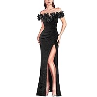 VFSHOW Womens Formal Prom Off Shoulder 3D Flowers Ruched Wedding Guest Maxi Dress 2024 Sexy High Slit Cocktail Evening Gown