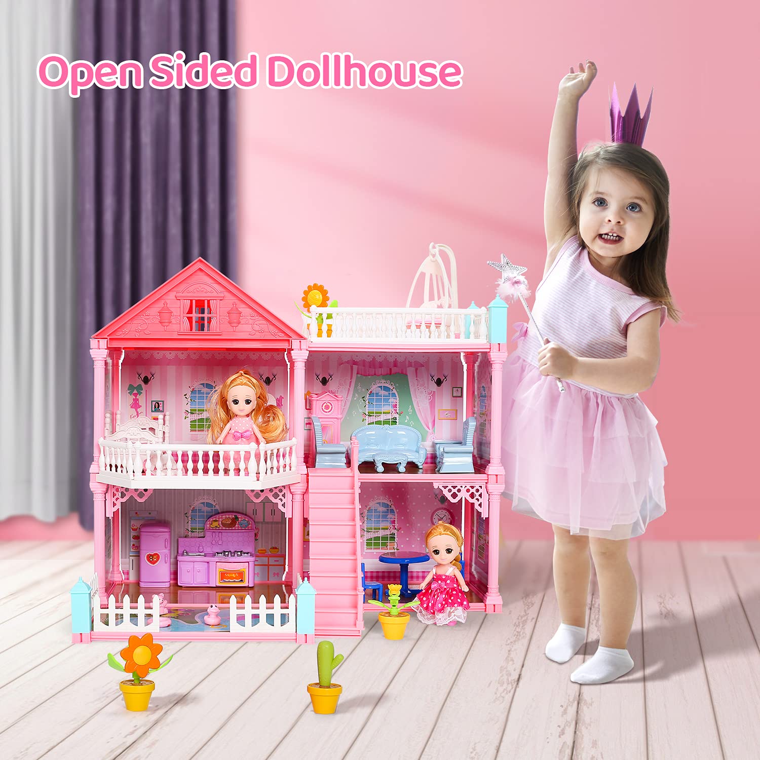 CUTE STONE Dollhouse with 2 Dolls, Flashing Lights, Furniture, Household Items and Gardening Tool Accessories, DIY Cottage Pretend Play Doll House, Gift for Ages 3+, 4 Rooms