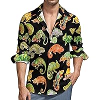 Watercolor Chameleons Men's Button Down T Shirts Long Sleeve Casual Hawaiian Shirt Pocket Print Top