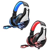 NPET HS10 Stereo Gaming Headset for PS4 PC Xbox One PS5 Controller, Noise Cancelling Over Ear Headphones with Mic, Bass Surround, Soft Memory Earmuffs for Laptop Mac Nintendo NES Games Blue&Red2PCS