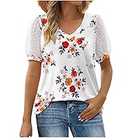 Women Swiss Dot Puff Short Sleeve Fashion Flower Tops Summer Casual Loose Fit V Neck Dressy T-Shirts for Daily