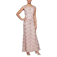 S.L. Fashions Women's Long Sleeveless Embroidered Dress with Illusion Neckline