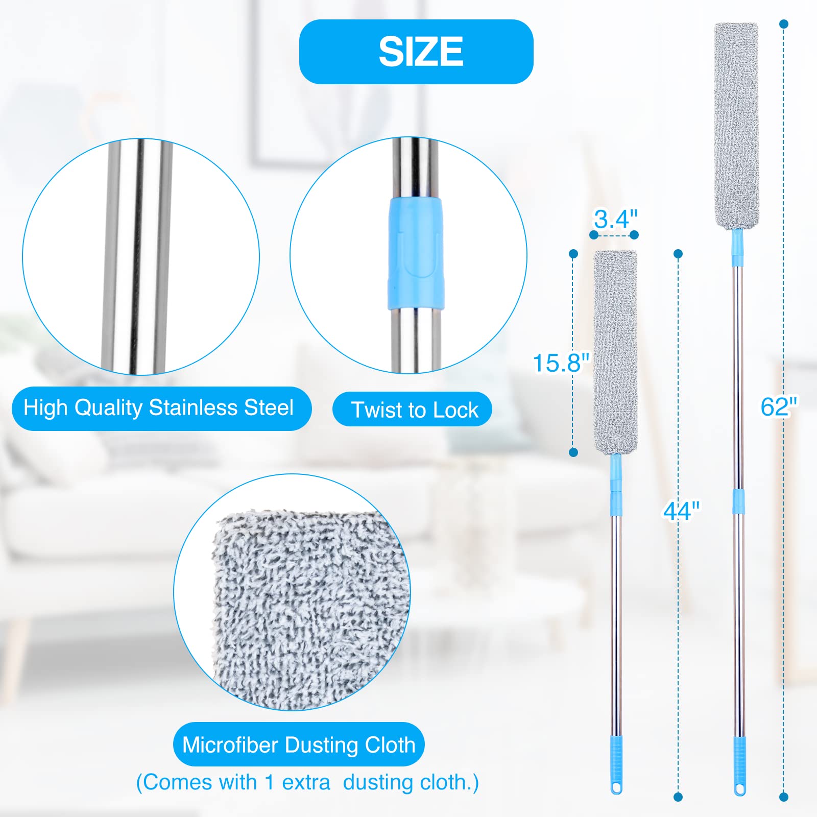 Retractable Clearance Dust Cleaner , Flexible Microfiber Duster for Crevices Under Furniture and Appliance, 44