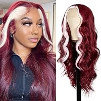 Burgundy Front Lace Wigs Long Wavy Skunk Striped Synthetic Wig 28 inch Long Wavy Wigs for Women Black Highlighted Wig Body Wave Synthetic Lace Wig Middle Part Fake Scalp Body Wavy Wig